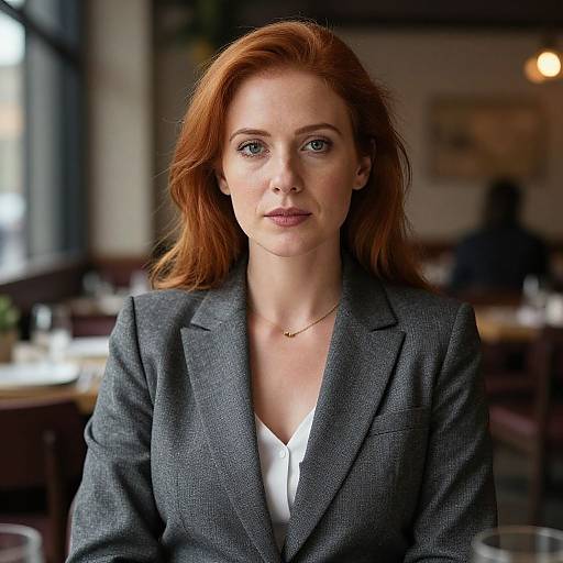 Photorealistic Red-Haired Woman in Gray Suit