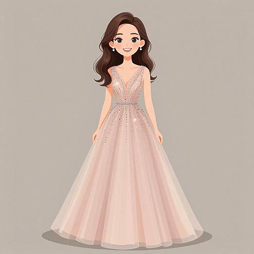 Digital illustration of a smiling woman with long brown hair, wearing a sparkling, sleeveless pink ball gown with a full skirt, standing against a plain gray