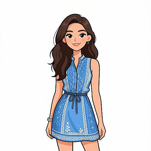 Digital illustration of a smiling young woman with long brown hair, wearing a sleeveless blue dress with white floral patterns, standing against a plain white background.