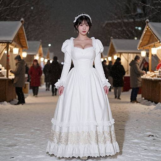 Photograph of an East Asian woman in a white, Victorian-style wedding dress with lace details, standing in a snowy, nighttime Christmas market. Warm lights