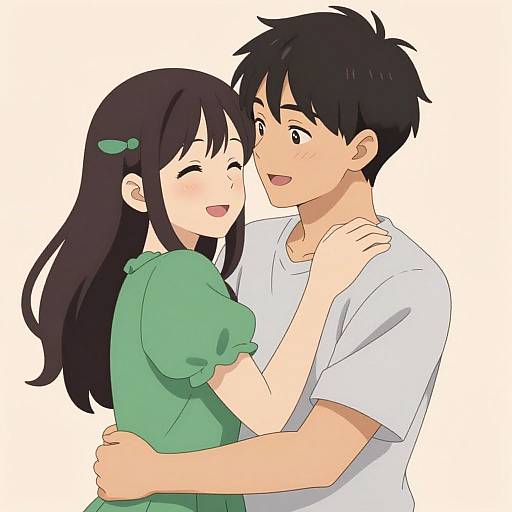 Anime-style digital drawing of a smiling couple; girl with black hair, green dress, and green bow, boy with black hair, white shirt, embracing