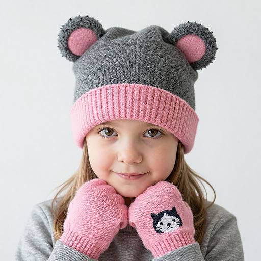 Photograph of a young girl with light brown hair, wearing a gray and pink bear-eared hat, and matching pink mittens with a black and