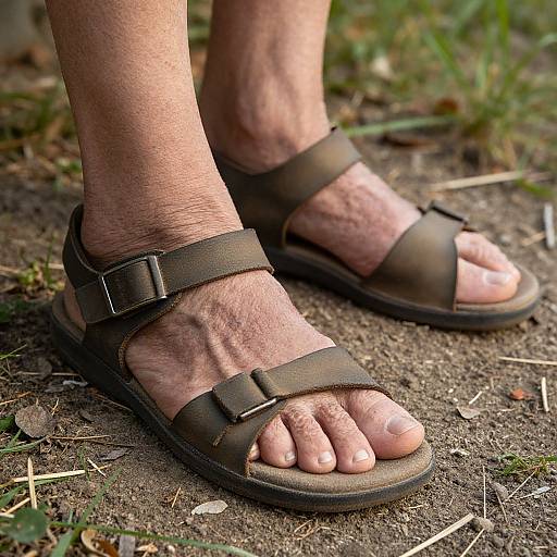 Photograph of elderly person's feet wearing brown, strap sandals with a buckle, standing on dirt with grass, showing wrinkled skin.