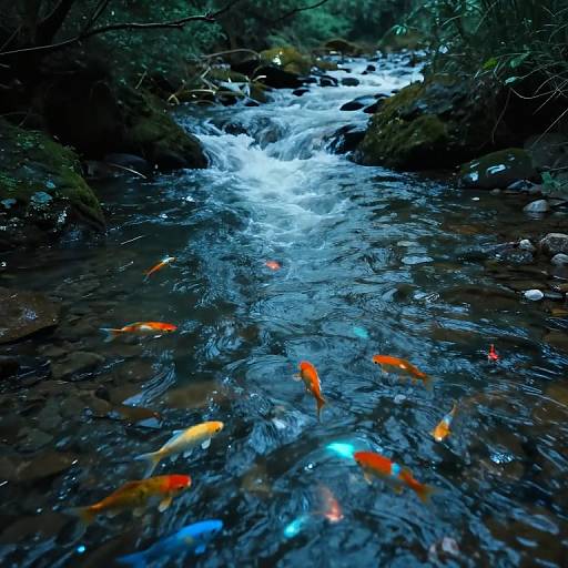 Photograph of a flowing stream with colorful koi fish swimming amidst clear, rippling water, surrounded by dark, moss-covered rocks and dense, green
