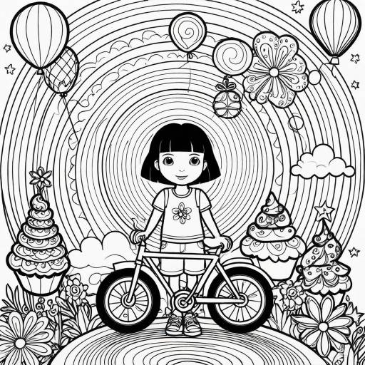 Psychedelic Coloring Page with Girl and Bicycle