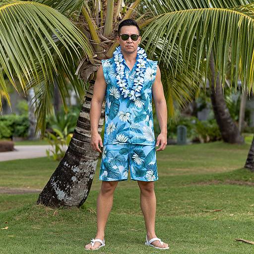 Photograph of a tan-skinned man in a blue floral shirt and shorts, white flip-flops, lei, black sunglasses, standing under palm trees