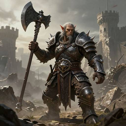 Digital art of a grizzled, bearded orc warrior in dark, spiked armor holding a massive axe, standing before a ruined castle.
