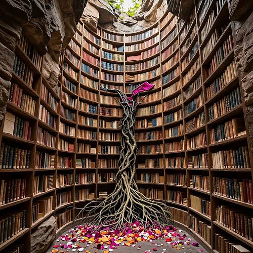 Photograph of a grand, spiraling library with wooden shelves, books, and a large, twisting tree root extending upwards, surrounded by colorful fallen petals