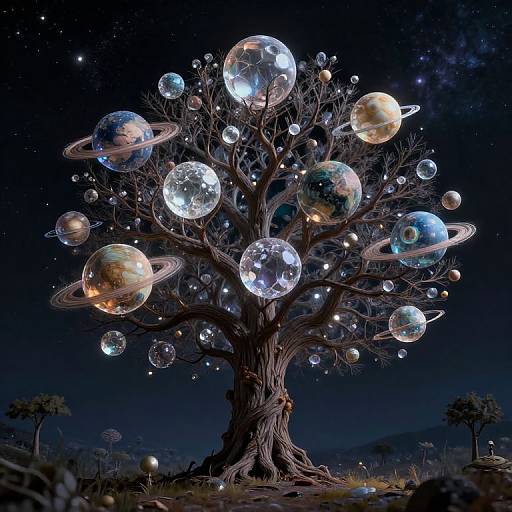 Digital artwork of a cosmic tree with glowing, transparent planets and rings as leaves, set against a starry night sky.