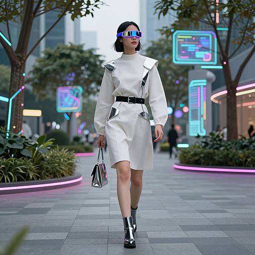 Photograph of a woman in a white, belted, long-sleeve dress, black boots, reflective sunglasses, holding a handbag, walking