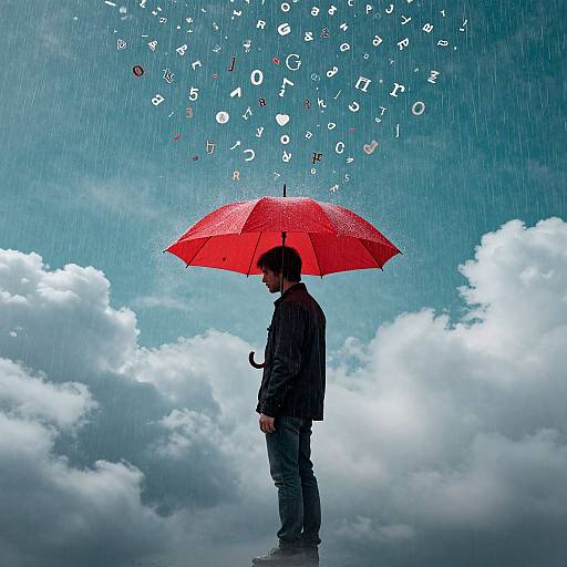 Man Beneath Surreal Letter Rain Umbrella