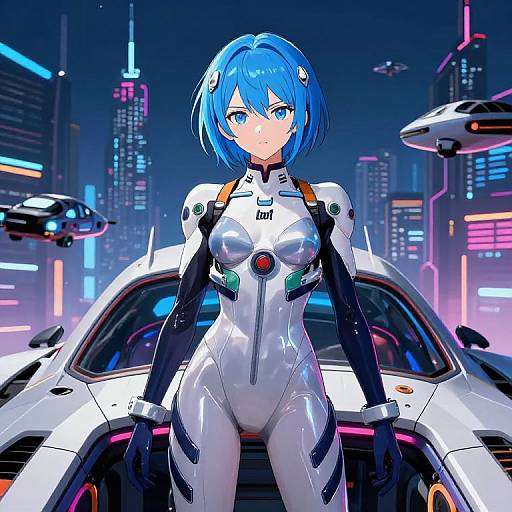 Digital anime-style illustration of a blue-haired, blue-eyed woman in a white, form-fitting, futuristic bodysuit, standing in front of a