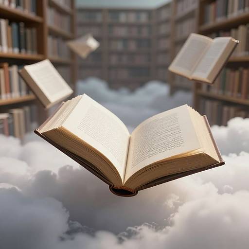 Photograph of three open books floating above fluffy clouds in a library, with bookshelves on both sides, creating a dreamy, ethereal atmosphere
