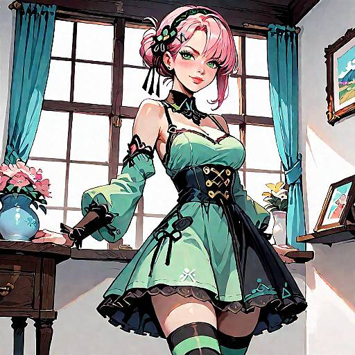 Anime Girl with Pink Hair in Black and Green Dress