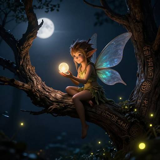 Digital fantasy artwork of a fairy with blue wings, brown hair, and glowing light, sitting on a moonlit tree branch.