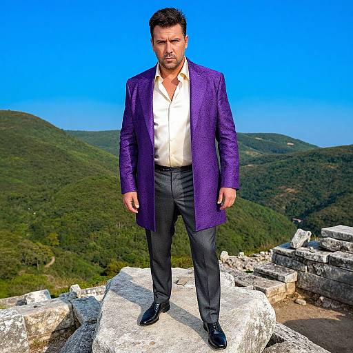 Photograph of a serious-looking man with short black hair, wearing a purple blazer, white shirt, black pants, and black shoes, standing on