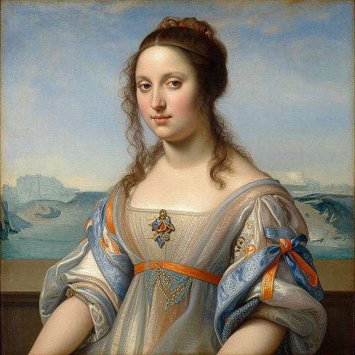 Renaissance portrait of a fair-skinned woman with wavy brown hair, wearing an ornate silver dress with blue and orange ribbons, and