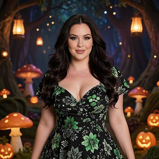 Photograph of a fair-skinned woman with long black hair, wearing a black floral dress with a deep V-neck, standing in a magical forest with