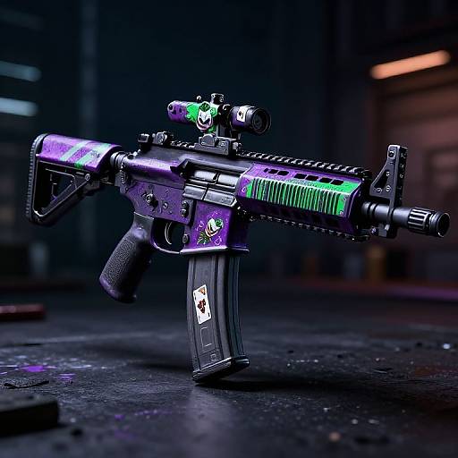 Photorealistic CGI of a futuristic, neon-lit, black assault rifle with purple and green accents, standing on a dark urban street.