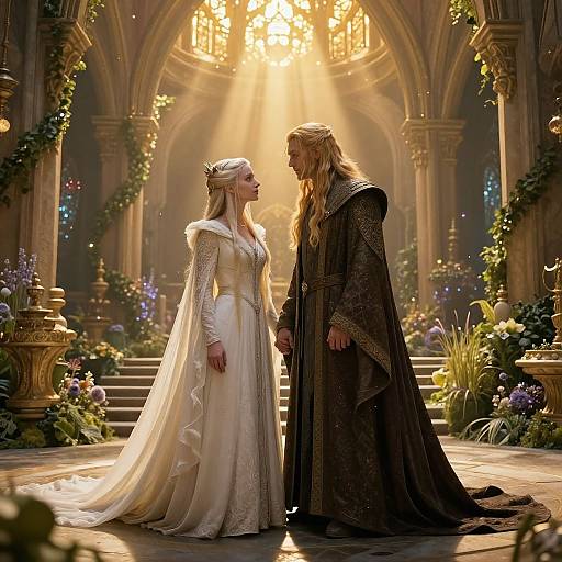 Fantasy photograph of a blonde elven bride in a white lace gown and a blonde male knight in dark armor, gazing at each other in a
