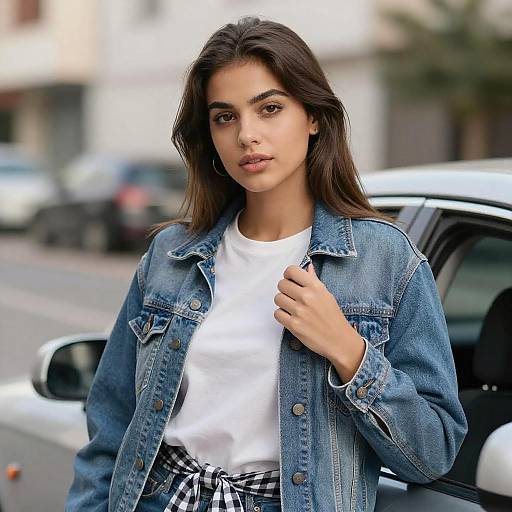 Photograph of a young woman with long dark hair, wearing a denim jacket, white t-shirt, and checkered pants, standing by a parked car