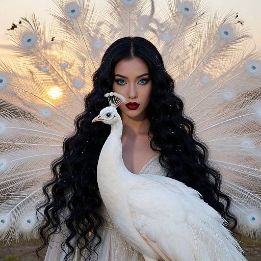 Photograph of a pale-skinned woman with long, wavy black hair, wearing red lipstick, and a white peacock-feathered dress,