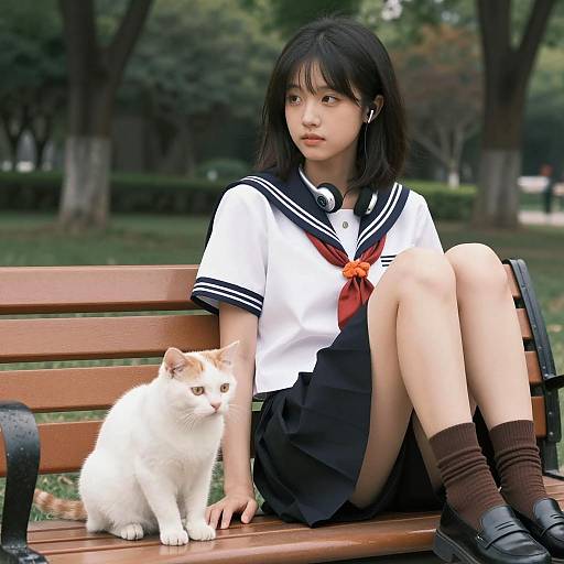 Relaxed Asian Student with Cat in Park