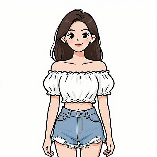 Digital anime-style drawing of a smiling young woman with long brown hair, wearing a white off-shoulder crop top and frayed blue denim shorts,