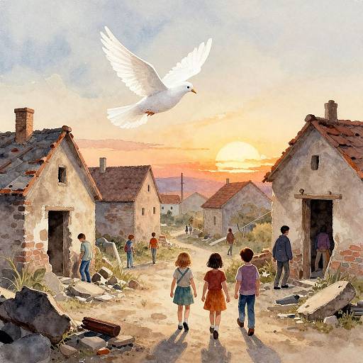 Watercolor painting of a sunset village: children walk away from dilapidated brick houses, white dove flies overhead, warm orange sky.
