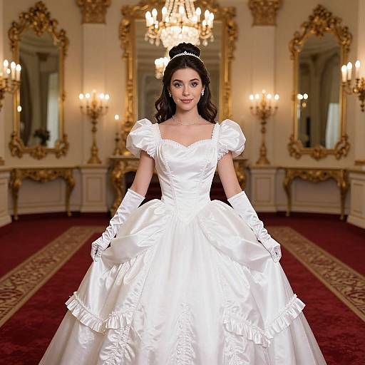 Photograph of a young woman with dark hair in an elegant white, puffy-sleeve wedding gown and gloves, standing in an opulent,