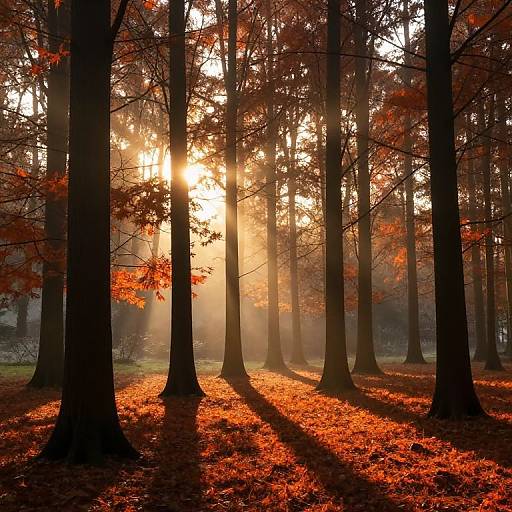 Photograph of a sunlit autumn forest with tall trees, vibrant orange leaves, and long, dark shadows cast on the forest floor.