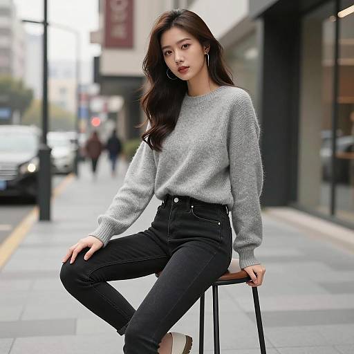 Young Woman Sitting on Stool in Urban Setting