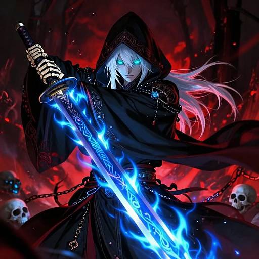 Digital anime-style artwork of a white-haired, hooded warrior with glowing blue eyes, wielding a blue flame-enchanted sword, surrounded by red background