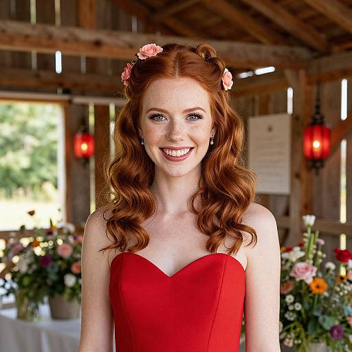 Photograph of a smiling, fair-skinned, red-haired woman with curled hair adorned with pink flowers, wearing a strapless red dress, standing in