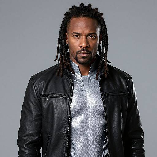Photograph of a serious-looking Black man with dreadlocks, wearing a shiny silver shirt and black leather jacket, against a gray background.