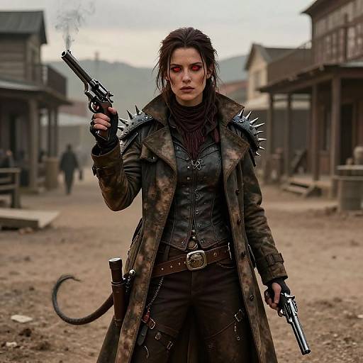 Digital artwork of a fierce woman with dark hair, red eyes, and spiked jacket, holding a revolver in a dusty, Western town. Background includes wooden
