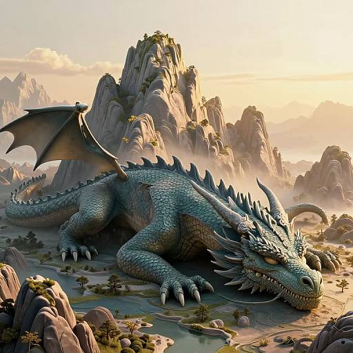 Digital artwork of a massive, blue-scaled dragon with dark wings resting in a sunlit, rocky, mountainous landscape with scattered trees.