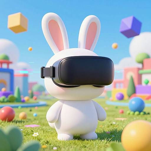 CGI image of a white, anthropomorphic bunny wearing a black VR headset, standing on vibrant, grassy field with colorful geometric shapes and playful,