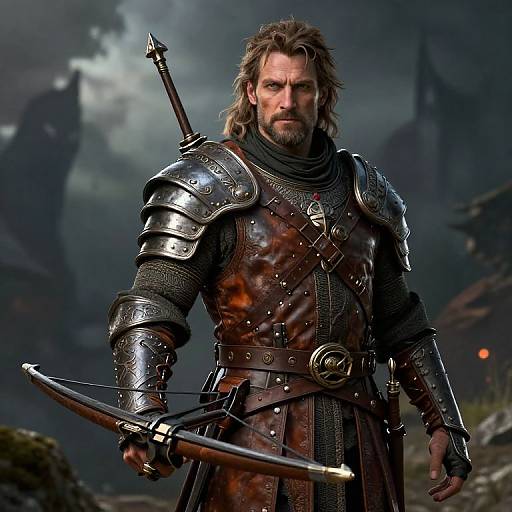 Photorealistic digital artwork of a bearded, armored Viking warrior with long hair, holding a sword, standing in a misty, dark forest with