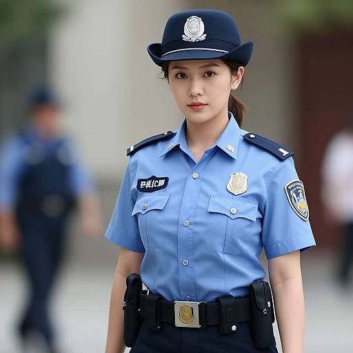 Photograph of an Asian female police officer in light blue uniform, black hat, and badge, standing outdoors with blurred background.