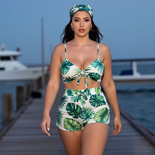 Photorealistic CGI of a curvy woman with long dark hair, wearing a green leaf-patterned bikini set and headband, walking on a wooden