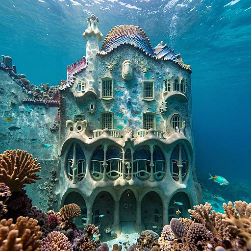 Photograph of an underwater scene featuring a sunken, ornate, two-story building with arched windows and tiled roof, surrounded by colorful coral and