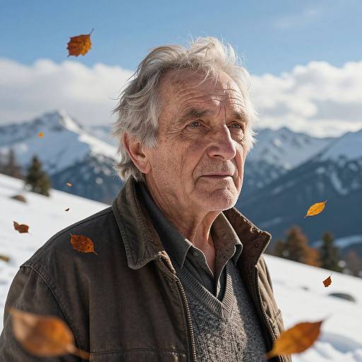 Photograph of an elderly white man with grey hair, wearing a dark jacket, standing in a snowy mountain landscape with autumn leaves floating.