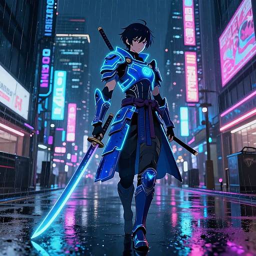 Digital anime art of a blue-armored, black-haired warrior with glowing sword in neon-lit, rainy city street at night. Vibrant, futuristic