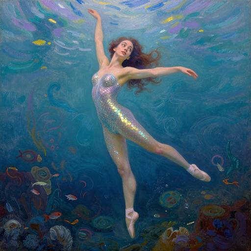 Photograph of a fair-skinned woman with long brown hair in a shimmering silver one-piece swimsuit, dancing underwater surrounded by colorful fish and marine