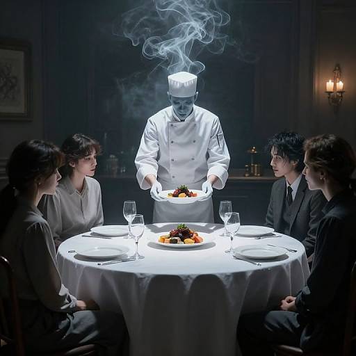 Photograph: Mysterious chef in white mask and hat, smoke rising, serves elaborate dish to four elegantly dressed diners at dimly lit table