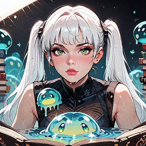 Anime Girl with White Twintails and Magical Slimes