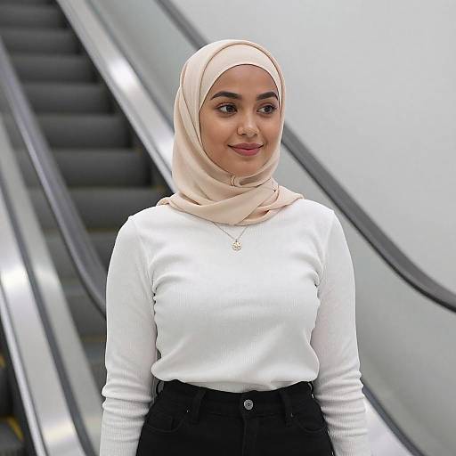 Young Woman in Hijab by Escalator