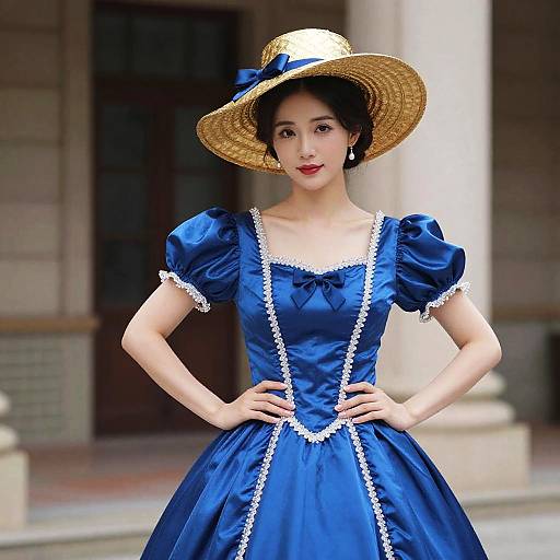 Photograph of an Asian woman in a blue, puffed-sleeve, Victorian-style dress with white lace trim, wearing a straw hat with a