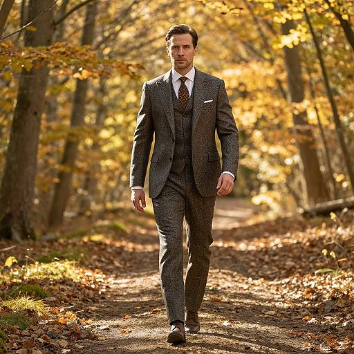 Photograph of a handsome man in a gray three-piece suit walking down a sunlit, autumn forest path with golden leaves.